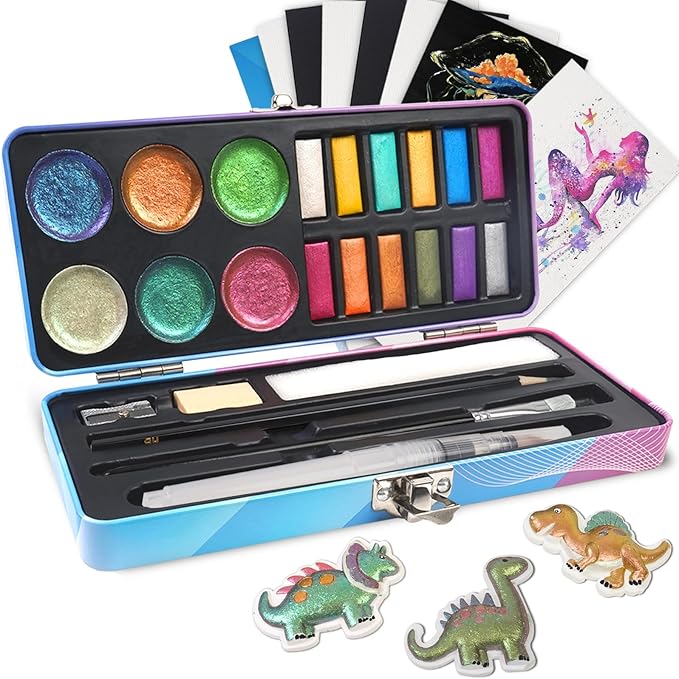 Watercolor Paint Set, 18 Colors Glitter Watercolor Paint Kit (12 Metallic & 6 Chameleon), Portable Travel Set with Water Brush Pen, Pencil, Eraser, Paper - Ideal for Drawing and Art Supplies, Adults, Beginners