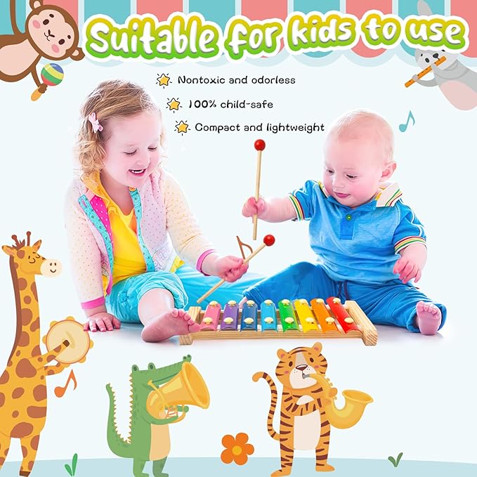 LovesTown Wooden Xylophone Musical Toy, 8 Rainbow Keys, 2 Mallets, Educational Instrument for Toddlers