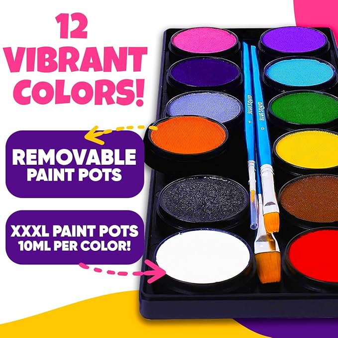 Blue Squid Face Painting Kit for Kids – Complete Face Paint Kit Palette, Stencils, 12 Colors - Safe for Sensitive Skin, Non Toxic Face Painting Kit Professional - Kids Party & Halloween Makeup Kit