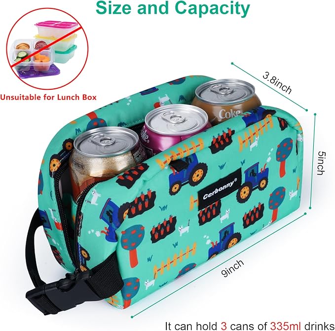 Cerbonny Small Cooler Bag Freezable Lunch Bag for Work School Travel,Small Lunch Bag,Small Insulated Bag For Kids/Adults,Freezer Lunch Bags,Mini Lunch Bag Fit For Yogurt,Suit for 3+(green vehicle)