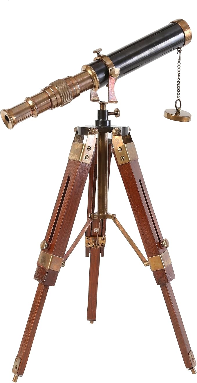 Vintage 9-Inch Brass Telescope with Wooden Stand – Antique Nautical Marine Decor & Functional Collectible Gift