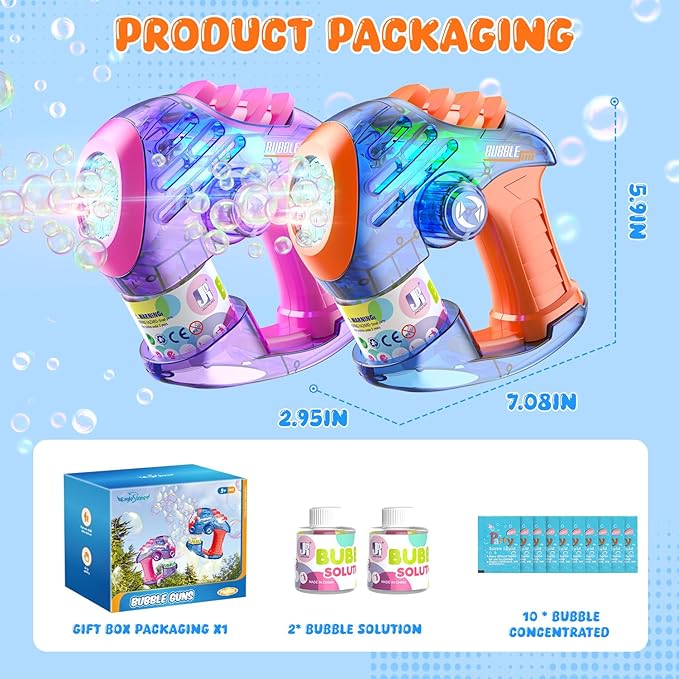 EagleStone 2 Bubble Guns for Toddlers, Kids Bubble Machine Gun, Twist Knob, LED Lights,2 Refill Solutions,10 Concentrate Bubble Blaster for Party Favor, Summer, Outdoor, Easter Basket, Birthday Gift