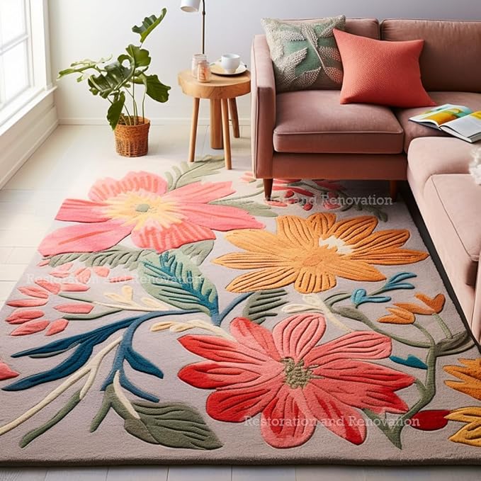 Handmade Wool Floral Area Rug for Living Room | Elegant Flower Garden Design, Soft, Thick and Durable | Bedroom, Dining Room & Home Decor Carpet (10' x 14', Floral A)