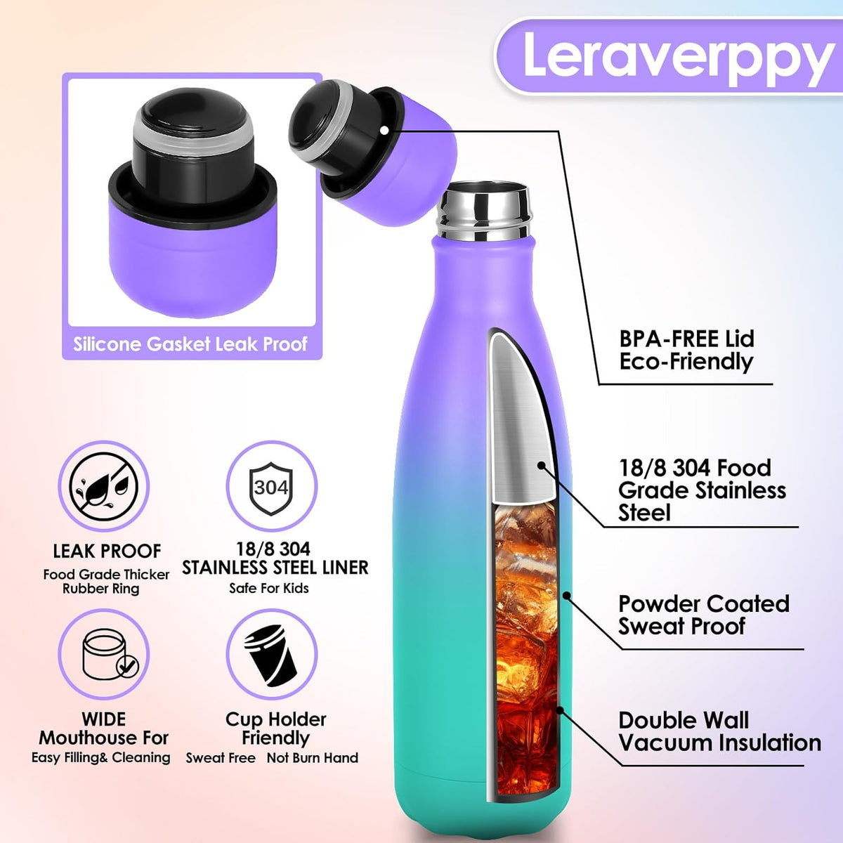17oz Cola-Bottle Shaped Stainless Steel Leak-proof Water Bottle,Double Wall Vacuum Insulated Metal,Travel Mug For Sports Indoors & Outdoors,BPA-Free Kids Flasks,Purple Green(8Pack)