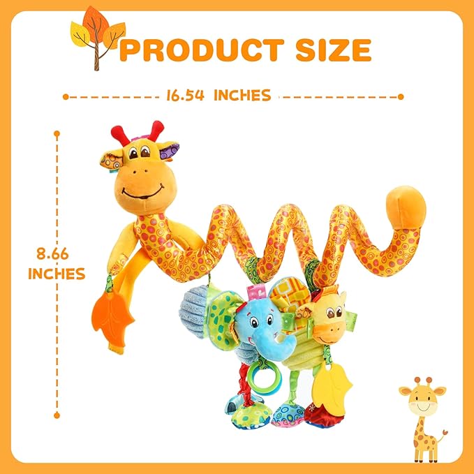 Jollybaby Crib Stroller Car Seat Toys for Baby 0-3-6-9-12 Months, Tummy Time Hanging Sensory Toys for Newborn with Music Box and Teether, Spiral Carseat Toy for Infant Boys Girls Gifts (Giraffe)
