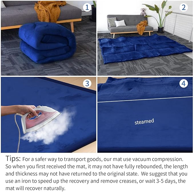 Baby Play Mat for Floor,1.3" Thick Memory foam Tummy Time Mat for Toddlers,Infants,kids,Water-Repellent Soft Nursery Rug ,79"×79" Extra Large Non Slip for Crawling&Yoga,Tatami Style for Living Room(Royal Blue)