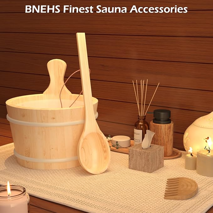 Sauna Bucket and Ladle, Sauna Accessories Made of Hand-Made Camphor Pine, Wooden Sauna Set with Plastic Lining and Handle