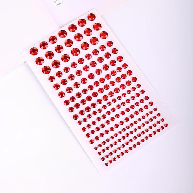 Self Adhesive Face Gems and Pearls for Makeup, Festival Jewels, Hair Gems Pearls, 3/4/5/6/8 mm Round Rhinestone Stickers for Face, Eye, Makeup, Body, Crafts 591Pcs (15_red)