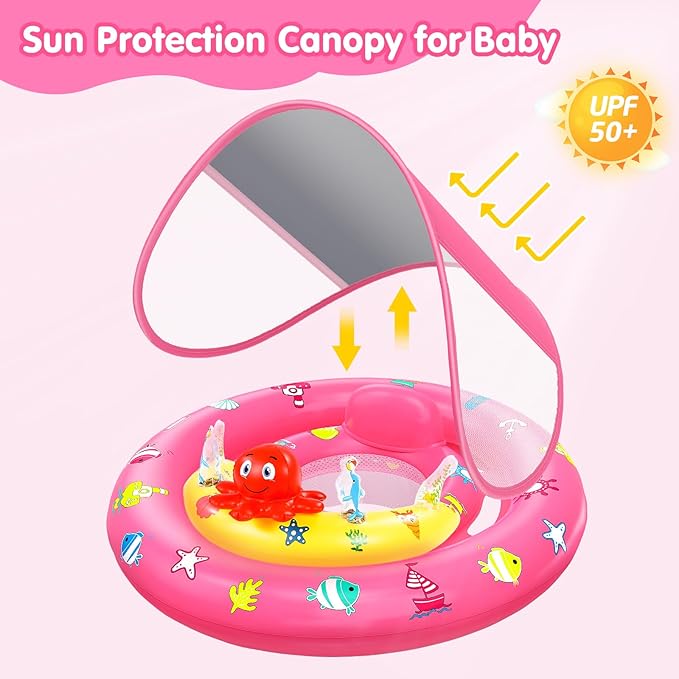 Baby Pool Float with Canopy, Inflatable Baby Swim Float with UPF50+ Sun Protection, Toddler Infant Pool Float with Toy Play Console Adjustable Safety Seat for Kids Girls Boys Aged 6-36 Months