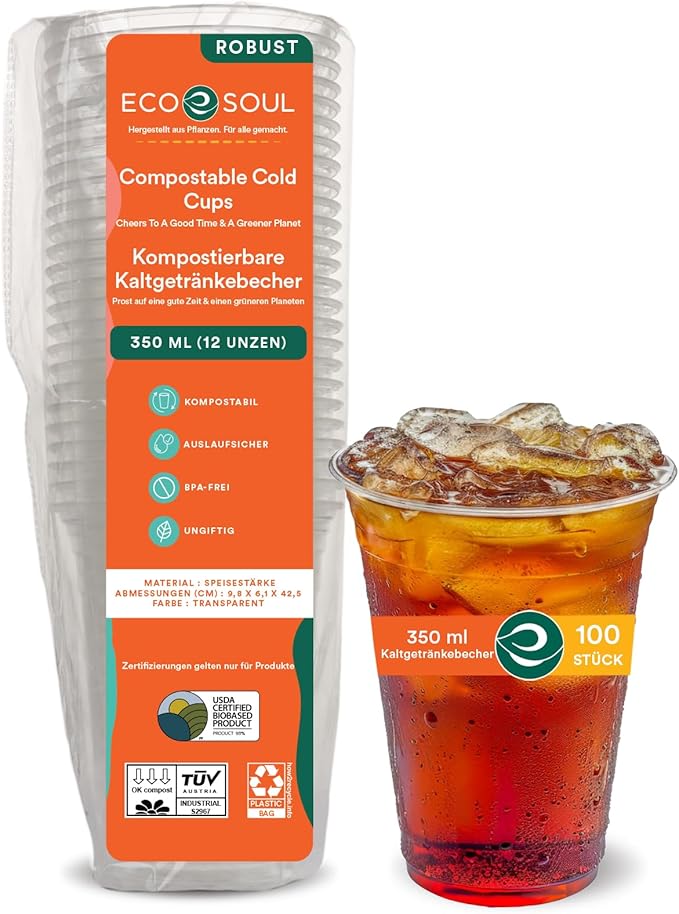 ECO SOUL 100% Clear Compostable Party Cups | (100 Count, 12 oz) | Disposable | Biodegradable | Plant Based Eco-friendly Alternative to Paper & Plastic Cups | For Weddings & Gatherings