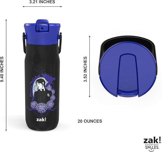 Zak Designs Harmony Wednesday Water Bottle for Travel or At Home, 20oz Recycled Stainless Steel is Leak-Proof When Closed and Vacuum Insulated with Straw Lid and Carry Handle (Wednesday Addams)