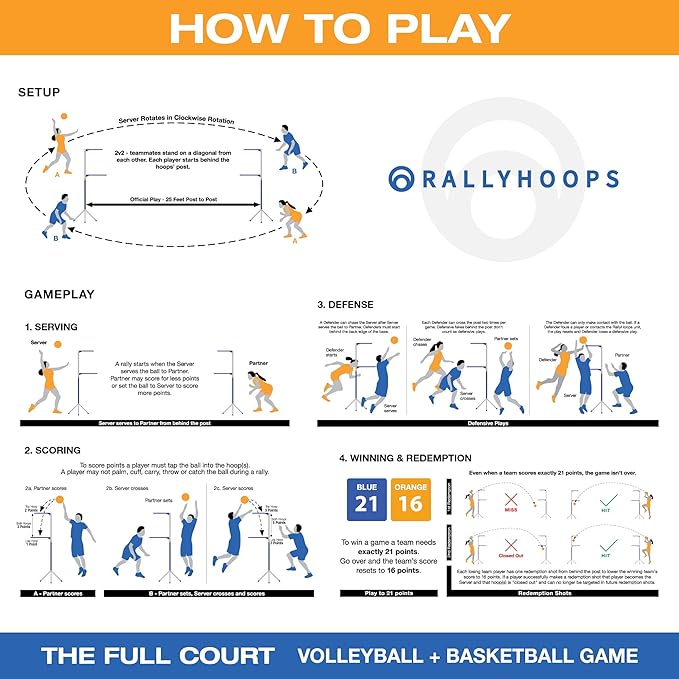 7 FT - World’s First Sports Game to Mash Volleyball & Basketball - Setup in Seconds - Quick & Easy to Learn Full Court Volleyball & Basketball Game - Fun to Play - for All Ages