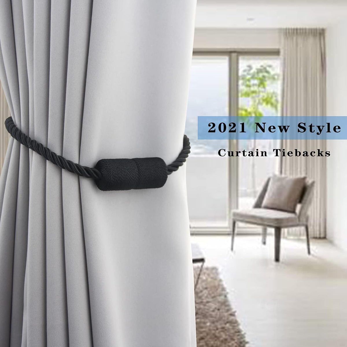 4 Pack Strong Magnetic Curtain Tiebacks Outdoor Elegant Decorative Tie Backs Modern Rope Tiebacks for Drapes Window Curtain Holdbacks for Draperies- Black