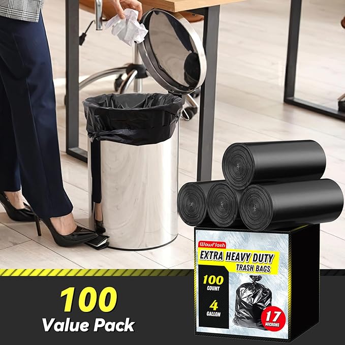 100 Count 17 Micron Extra Heavy Duty 4 Gallon Trash Bags, Sturdy & Tear-Resistant Small Trash Bags for Bathroom & Kitchen