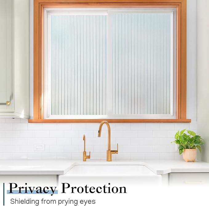 Haton Reeded Glass Window Privacy Film, Frosted Glass Window Film, Static Cling UV Blocking Stickers, Decorative Removable Cover for Bathroom Door Office, Non Adhesive 35.4" x 118.1"