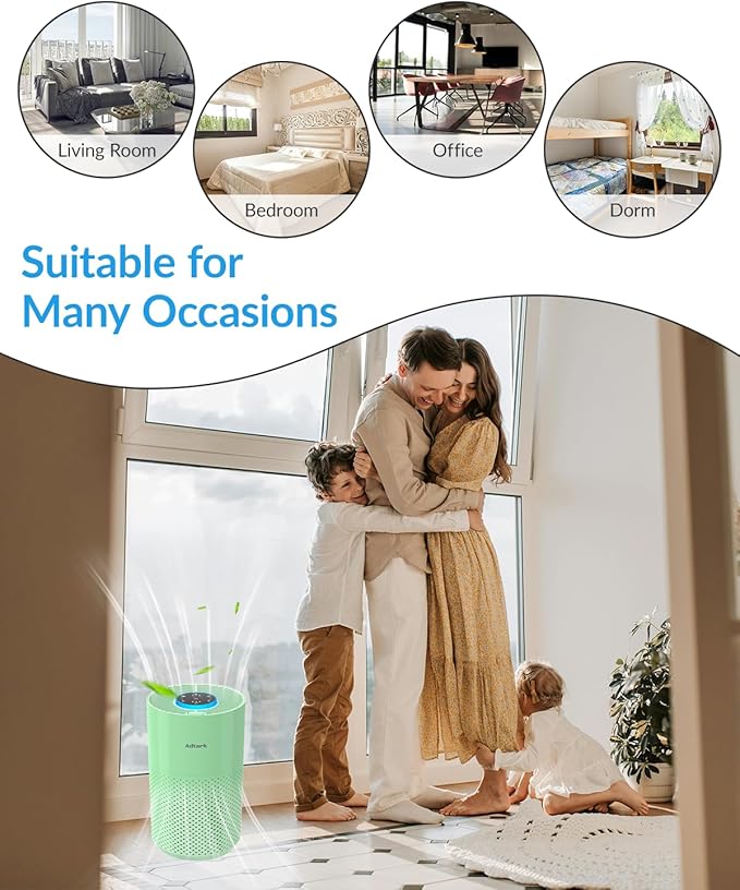Air Purifiers for Home Bedroom, ADTARK Air Cleaner with H14 True HEPA 3-in-1 Filter, Sleep Mode & Aroma Function, 3 Light Modes, Room Air Purifier with 3 Timer for Office, Dorm, Hotel (Green)