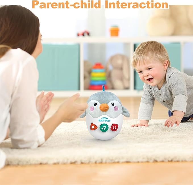 Infant Toys 0-3-6-12 Months Shower Gifts, Plush Cute Stuffed Animal Penguin Musical Baby Tummy Toys with Light & Sounds, Roly-Poly Easter Birthday Gift for Newborn Boys & Girls