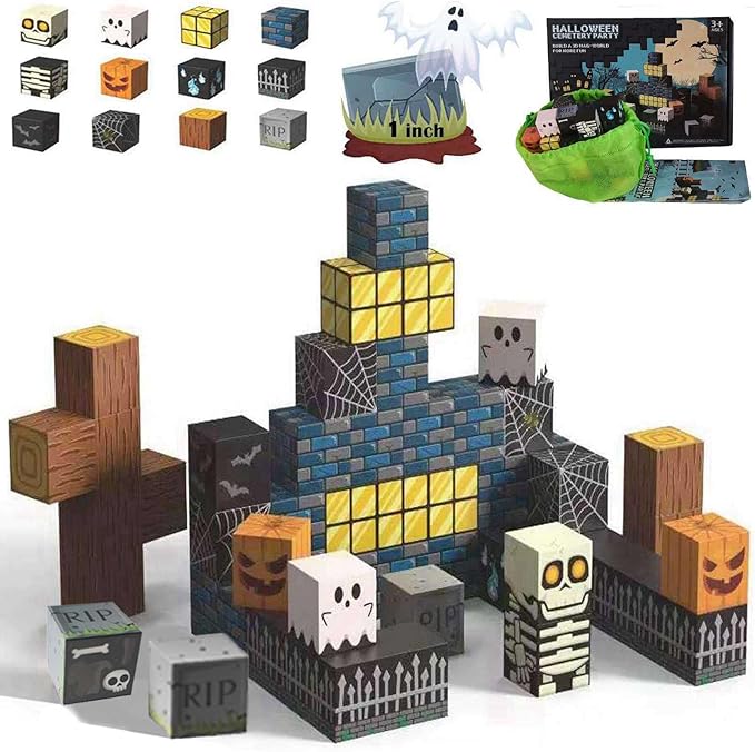 Halloween Themed Magnetic Blocks for Kids Skeleton Toys Spooky Town Building Kit Halloween Party Favors Gift for Children & Adults(1 inch)