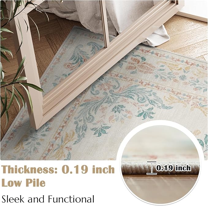 jinchan Floral 4x6 Area Rugs for Nursery - Machine Washable Vintage Distressed Design Soft Ultra-Thin Low-Pile Non-Slip Kids Carpet for Bedroom Living Room Dining Room Home Office (4x6ft,Apricot)