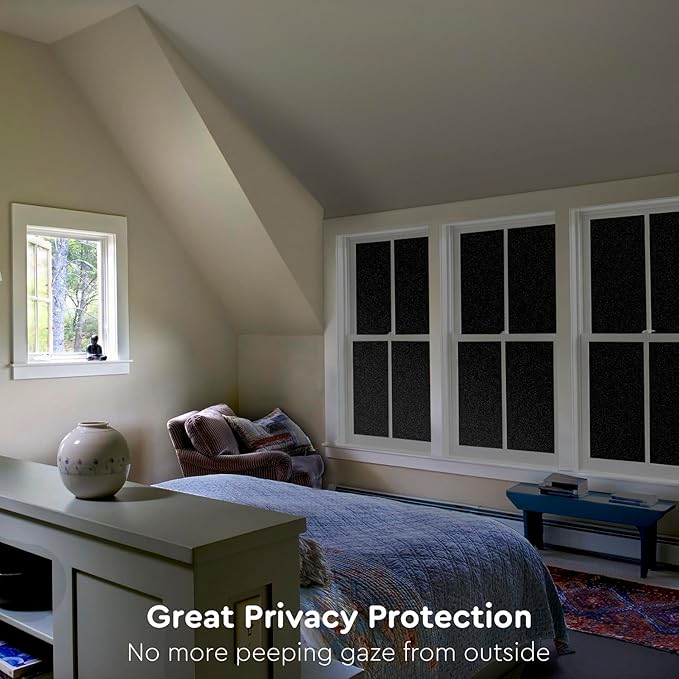 Kromapolis Blackout Window Privacy Film Total Light Blocking Room Darkening Window Covering, Removable Static Cling Frosted Glass Tint, Non-Adhesive, Black 45.2'' x 393.7''