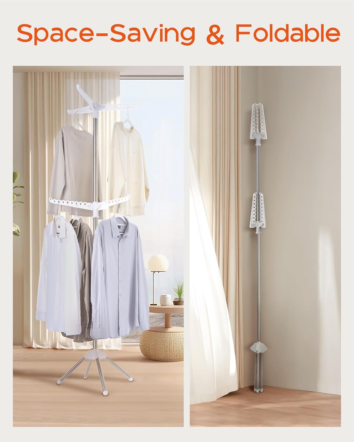 Clothes Drying Rack Foldable, 74.8 inch 2 Tier Laundry Drying Rack with Rotating Clothes Rail for 54 Pieces of Clothes, Space Saving, Indoor, Stainless Steel, White and Silver CDR002W01