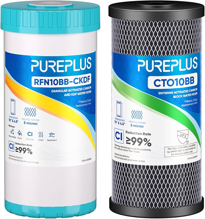PUREPLUS 5 Micron 4.5"x 10" 2-Stage Whole House Water Filter Cartridge Combo Kit with KDF and Activated Carbon Block Filter, Replacement for WFHDC8001, CB-BB-10, GE FXHTC, GXWH40L, GXWH35F, 1PACK