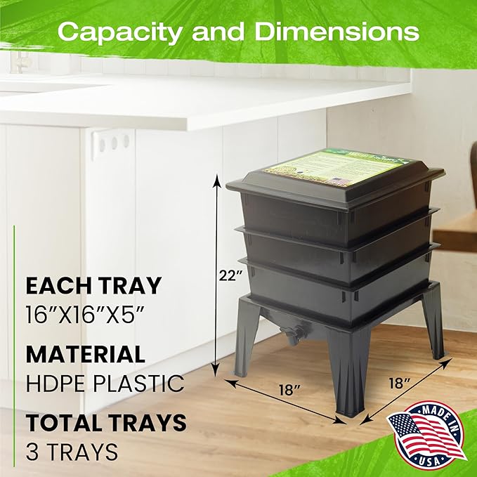 Worm Factory® Basic 3 Tray Black Worm Composter – US Made, Fully Assembled System for Home Food Waste Recycling – Includes Accessories for Odor-Free Vermicomposting – Durable, Space-Efficient Design.
