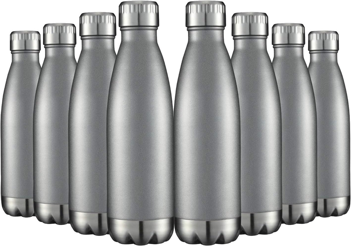 HASLE OUTFITTERS 17oz Stainless Steel Water Bottles Bulk, Vacuum Insulated Water Bottles Double Walled Reusable Metal Sports Water Bottles Keep Drinks Hot and Cold, Gray, 8Packs