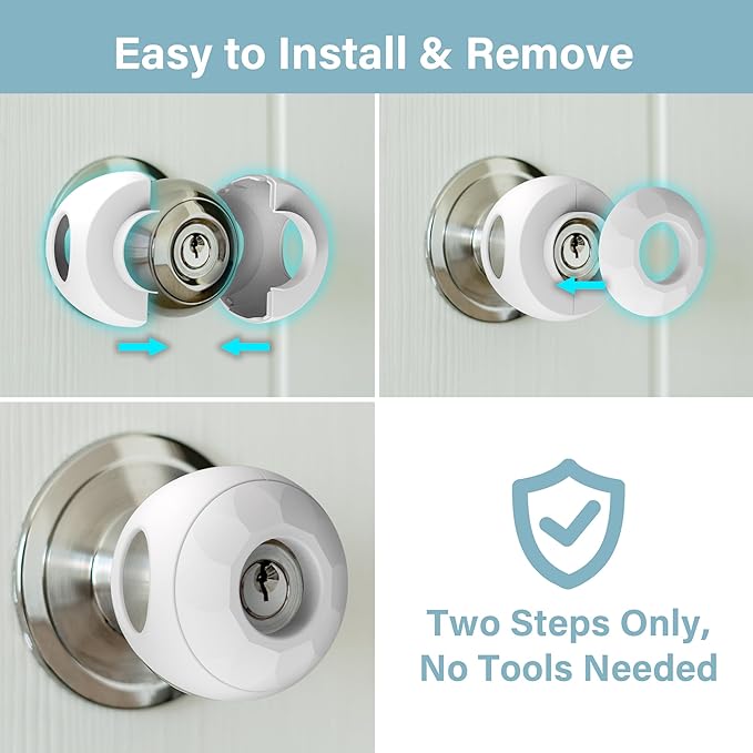 Child Proof Door Knob Covers (4 Pack), Toddler Door Locks, Baby Proof Safety Locks for Doors, Easy Install & No Tools Needed