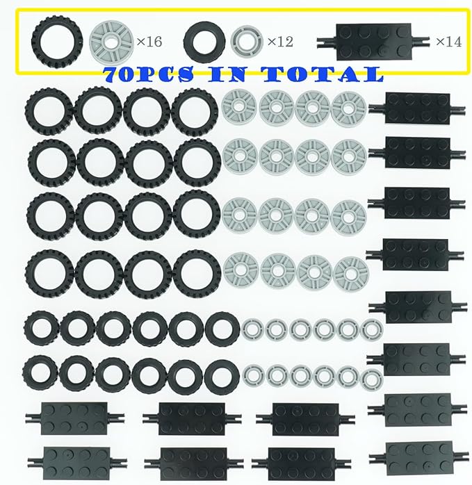 City Car Wheels Tires Axles Kits Set, 70pcs Vehicle Truck Parts Classic Pieces Accessories, Bulk Bricks Sets Construction Toys
