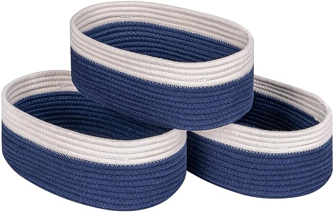 Off White&Navy Shelf Basket to Store and Organize Household Items/Baskets&Bins for Daily Storage &Organizing/Woven Rope Basket for Living Room, Bedroom,Small Oval-13x8.66x5.11’’,3 Packs
