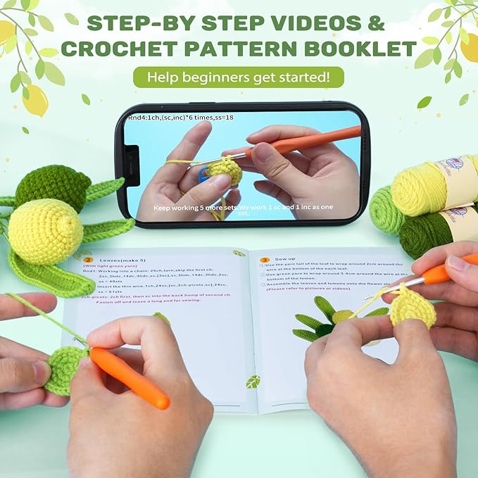 Crochetta Crochet Kit for Beginners, Crochet Kit w Step-by-Step Video Tutorials, Crochet Starter Kit Learn to Crochet Kits for Adults Kids Beginners, 3 Lemons Familly (40%+ Yarn Content)