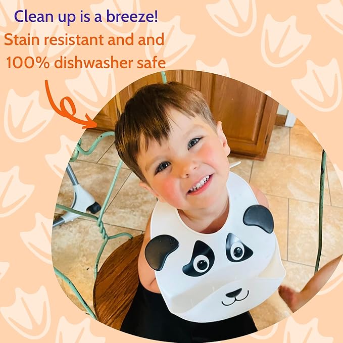 Silly Goose Set of 2 Silicone Animal Baby Bibs for Babies and Toddlers, Waterproof, Adjustable, Soft, Extra Wide Food Catcher Pocket (2PK Panda+Bear)