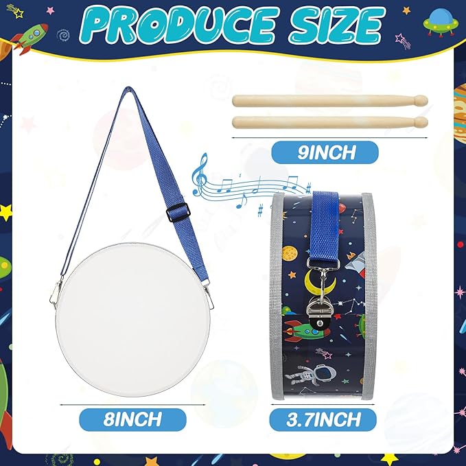 Boao 1 Pc Kids Drum Set, 8 Inch Toddler Drum Wooden Toy with Adjustable Strap and 4 Drumsticks, Educational Sensory Musical Instrument for Toddlers Kid Baby Boys Girls Gift (Space)