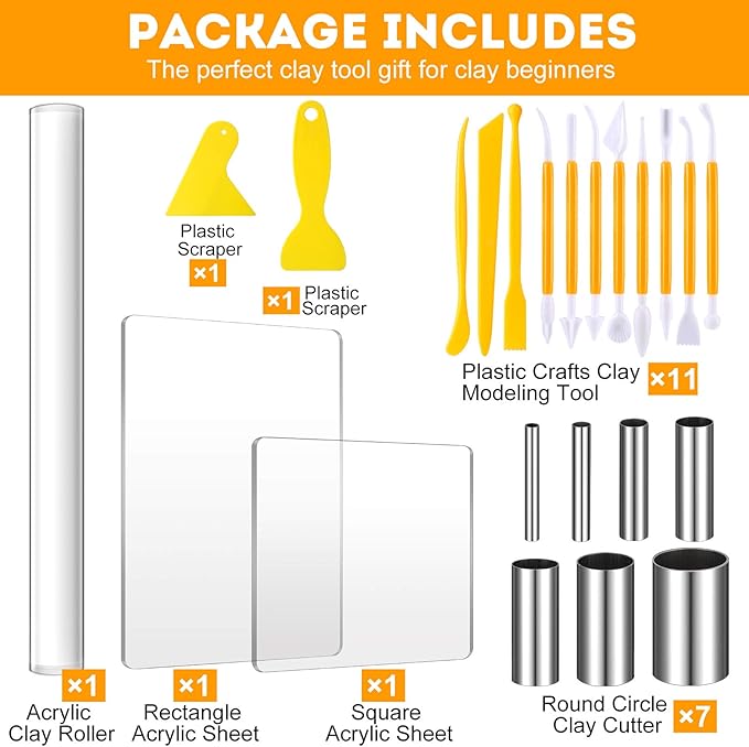 Honoson 24 Pcs Clay Sculpting Tools Kits Polymer Clay Tools DIY Set with Roller, Acrylic Sheet, Scraper Backing Board, Round Circle Shape Cutter, Shaping for Art Craft(Yellow)