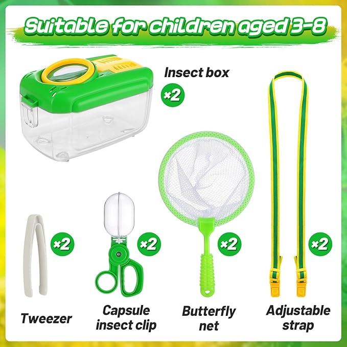 2Sets Bug Catcher for Kids - Sturdy Kids Bug Catching Kit Gifts with Collector Butterfly Net Tweezer, Bugs Habitat Outdoor Explorer Kit for Age 3 4 5 6 7 8, 8Pcs