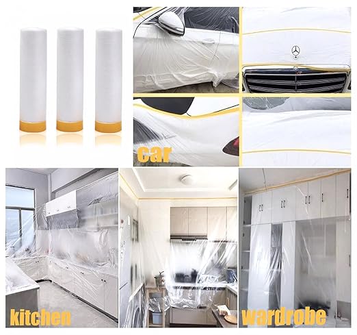 Painters Plastic with Tape, Pre-Taped Masking Film, Automotive Best Tape and Drape, Paint Adhesive Protective Film Roll for Covering Skirting, Frames, Cars and Auto Body (5 X 65-Feet) (1)