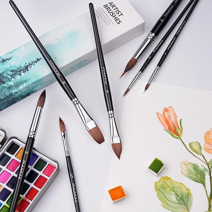Watercolor Brush Set, Fuumuui 7pcs Professional Sable Paint Brushes with Extended Needle, Round Point, Flat, Dagger, Cat's Tongue for Watercolor, Acrylic, Gouache – Detail & Wash Painting