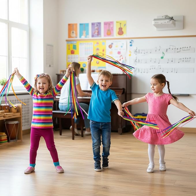 Junkin Ribbon Rings Hand Kite Waldorf Toys Dancing Wrist Ribbons Rainbow Streamers with Wood Ring Educational Toy for Playroom Dancing Birthday Party Gift(24 Pcs)