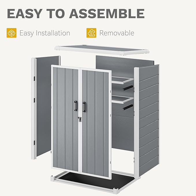 DWVO 60 Cuft Outdoor Tall Storage Shed with 2 Shelves, Weatherproof Vertical Tool Shed with Floor & Lockable Doors, Sturdy Double-Wall Plastic Cabinet for Garbage Cans and Garden Equipment (Gray)