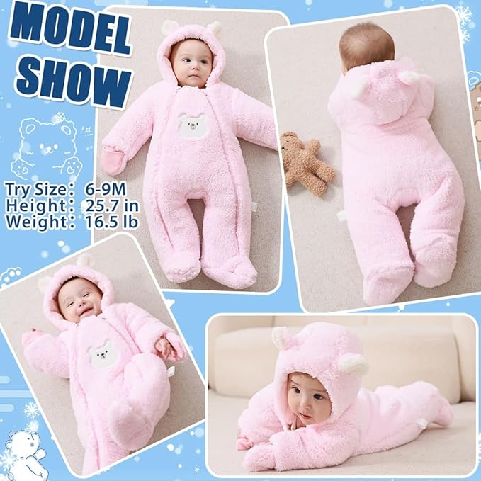 Fairy Baby Newborn Baby Winter Snowsuit Bear Thick Romper Footie Double Zip Hooded Jumpsuit Fleece Coat Infant Boy Girl 0-12M