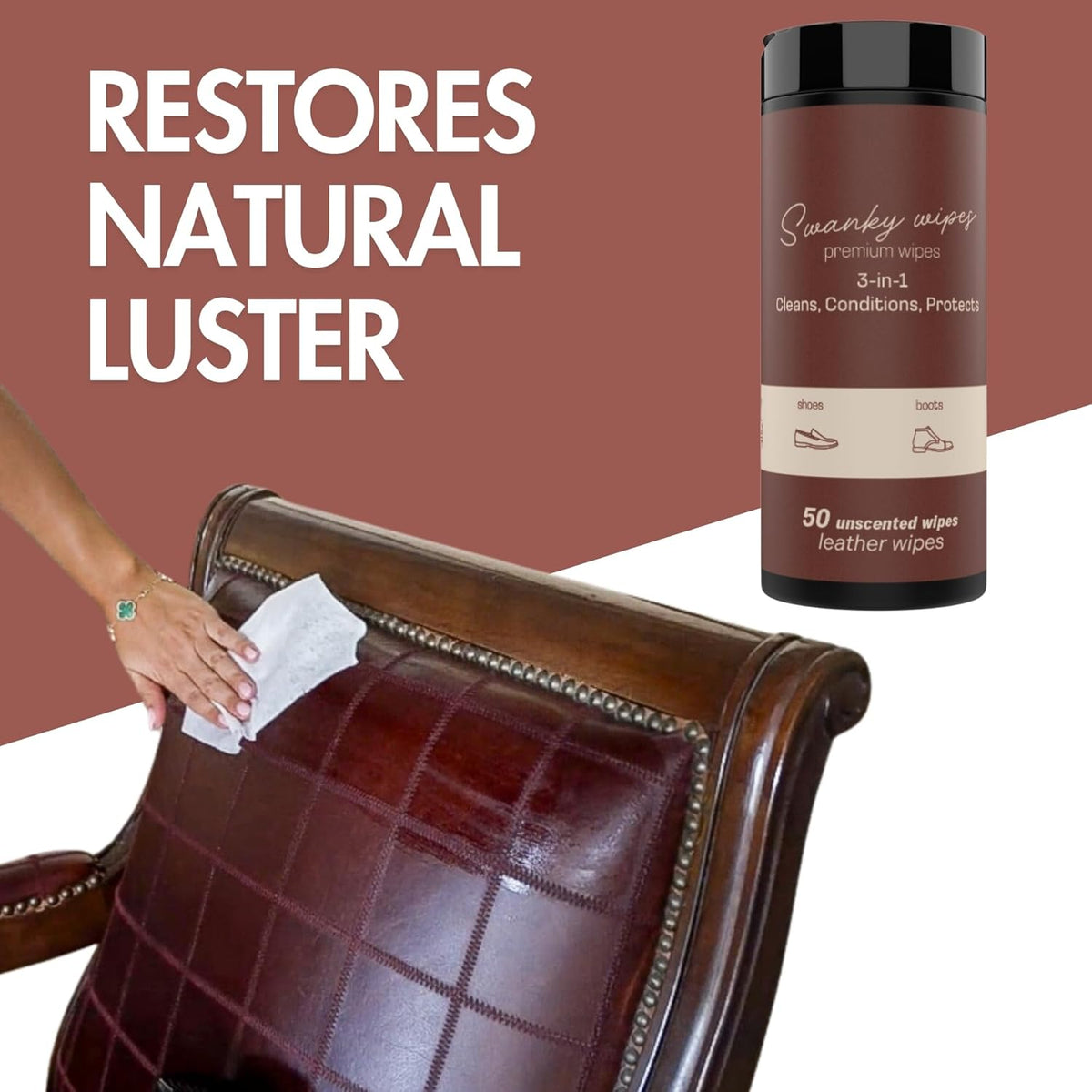 Swanky Leather Wipes - Leather Cleaner and Conditioner for Purses, Shoes, Furniture Polish & Car Seats, Prevents Fading & Cracking, Restores Softness & Shine - Canister, 200 Count