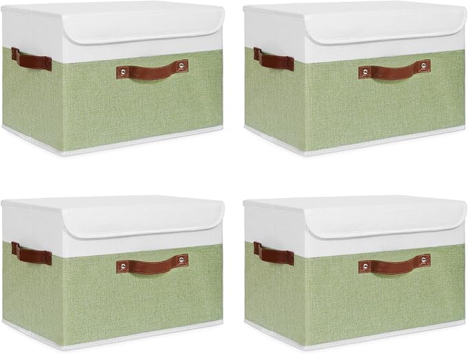 ANMINY 4PCS Storage Boxes with Lid Washable Decorative Storage Bins Basket with PU Leather Handle Foldable Linen Fabric Storage Cubes Containers for Home Closet Organizer - Green White, Large Size