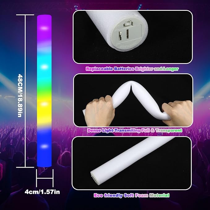48-Count Foam Glow Sticks Party Pack - 4 Colors, Steady Bright Light Up Sticks for Weddings, Birthdays, Christmas, Halloween | Foam Glow Sticks Bulk Reusable, 6-Hr Glow, Eco-Friendly Foam
