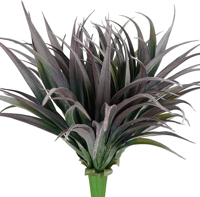 6Pcs Artificial Grass Fake Plants 17.3in Outdoor Plants UV Resistant Faux Greenery Stems Fake Grass for Home Window Garden Office Patio Pathway Front Porch Halloween Décor Green & Black