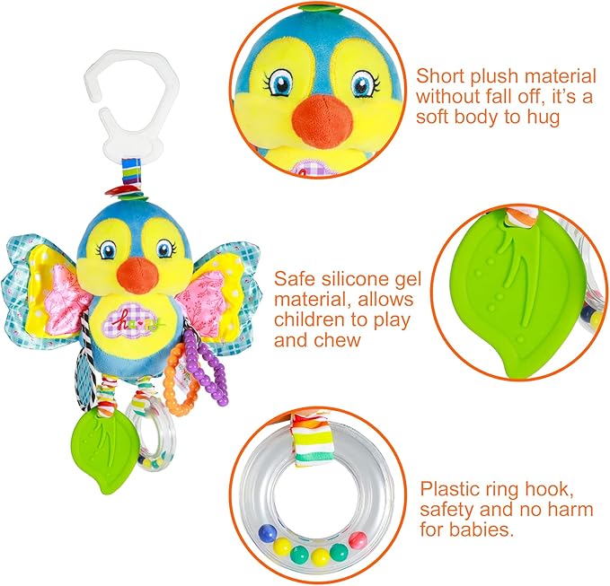 Baby Stroller and Car Seat Toys for Infant - Hanging Rattle Teether Clip on Soft Plush Baby Toys for Boys and Girls 3-12 Months