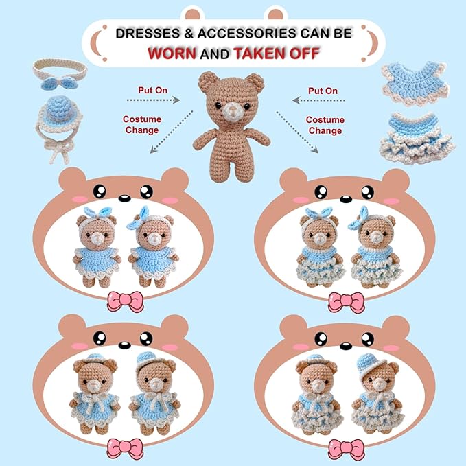 LoopMap Crochet Kit for Beginners, DIY Amigurumi Bear with Removable Dress & Accessories, Step-by-Step Video Tutorials Extra Yarn Crochet Tools, Handmade Gift for Kids & Adults (Bear-Blue)