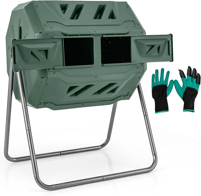 S AFSTAR Composter Tumbler Outdoor, 42-Gal Dual Chamber Tumbling Composter with 2 Sliding Doors, Metal Frame, BPA-Free Large Rotating Compost Bin Tumbler for Garden Yard Waste (Green)