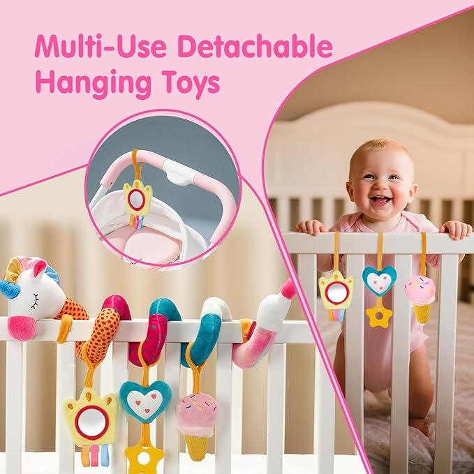 hahaland Car Seat Toys for Babies 0-6 Months Girl - Baby Toys 3-6 Months - Rattle, Mirror, Crinkle, Squeaky Carseat Stroller Toy 0-6 Months Developmental Newborn Baby Girl Birthday Gifts
