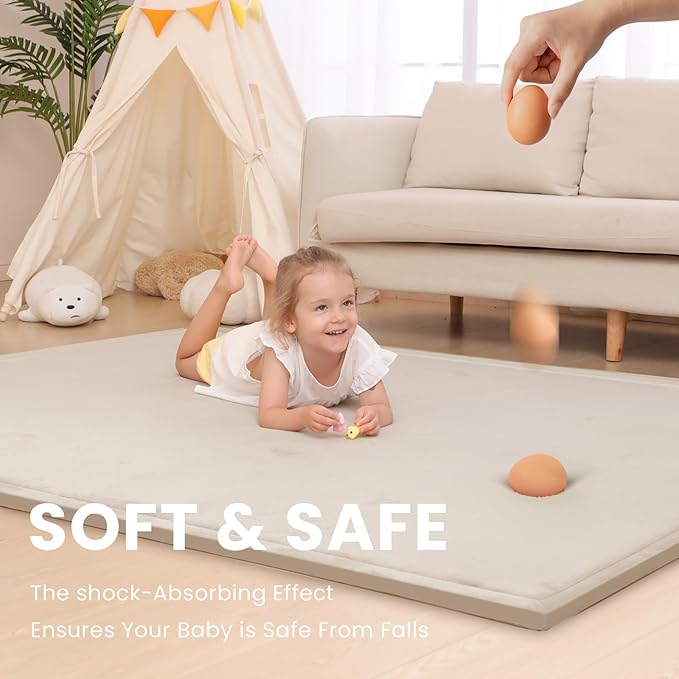 Baby Play Mat for Floor,1.3" Thick Elasti-Foam 74×50 Playpen Mat for Toddlers Infant Kids,Water-Repellent Soft Coral Velvet for Tummy Time, Non-Slip Backing for Crawling,Tatami Style(Beige)